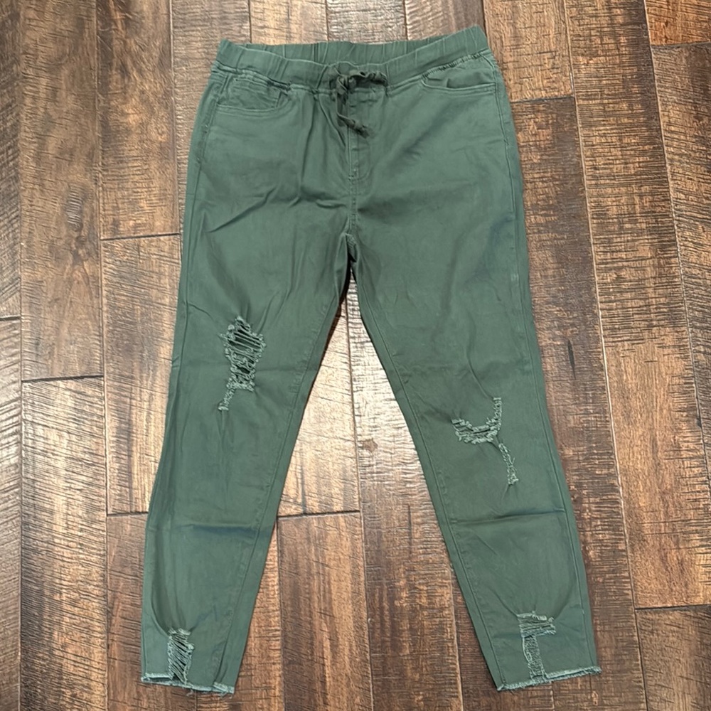 YMI Olive Green Distressed Cropped Pants